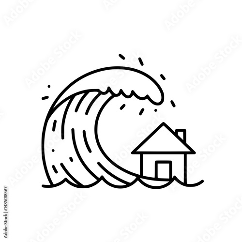Powerful Tsunami Wave Approaching a House Illustration of Natural Disaster