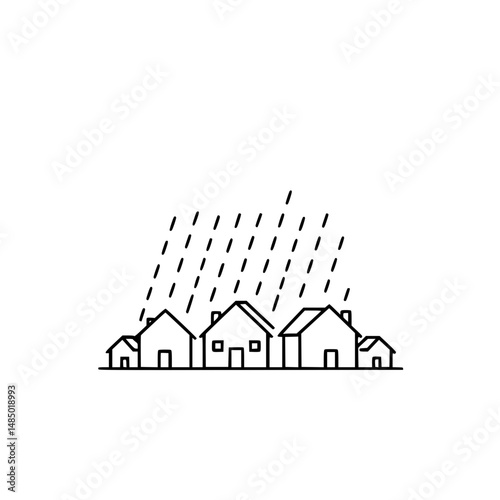 Minimalist Line Art Illustration Rain Shower over Suburban Homes