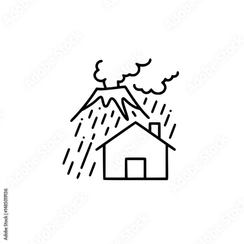 Volcanic Eruption Threatening House Line Art Illustration