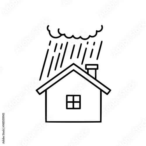 House Under Heavy Rainfall Line Art Illustration