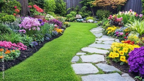 Colorful flower garden path lush greenery stone walkway