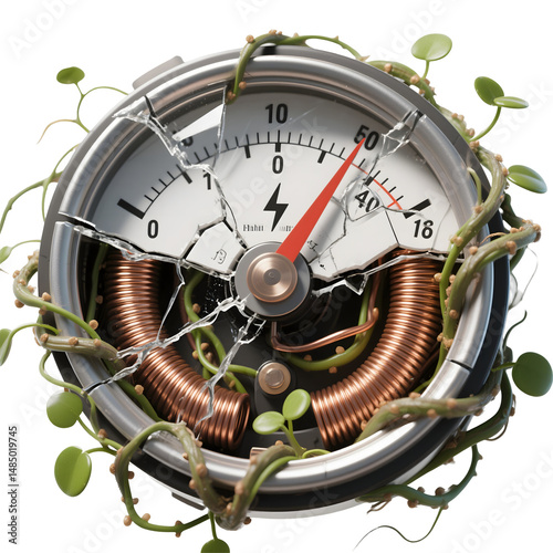 3D voltmeter shattered, with internal copper coils turning into plant tendrils