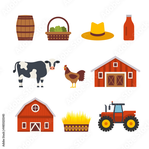 farm-themed illustration set features simple and colorful graphics of a barrel, basket, hat, milk bottle, cow, chicken, barns, haystack, and tractor. Perfect for kids' projects, farm-themed designs.