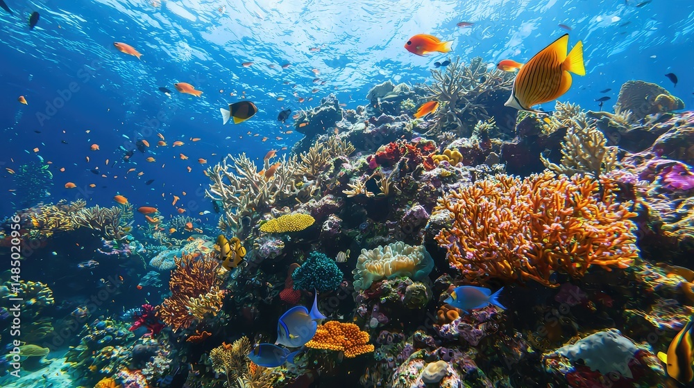 Obraz premium colorful, healthy coral reef with various fish species and marine life, offering a peek into the thriving underwater ecosystem.