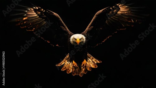 A large eagle with its wings spread out. The eagle is in the center of the image and is the main focus. The image has a dark background, which emphasizes the eagle's size and presence
