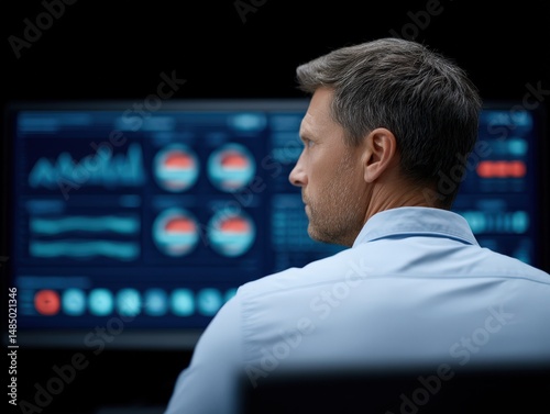 Professional man analyzing digital data on multiple monitors displaying complex statistical graphics and metrics capturing the essence of modern business analytics and technological insights