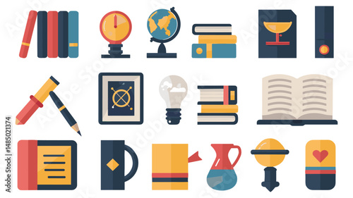 Flat Design Book and Study Icons Set