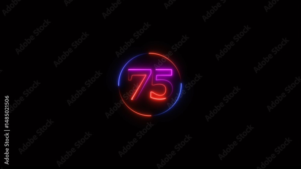 Neon light text number icon, business 75 number background 4k illustration.
