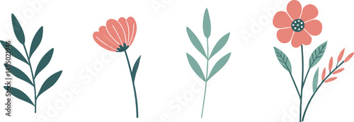 Beautiful spring and summer flowers. Leaves, plants, branches, floral bouquets. Vector illustration