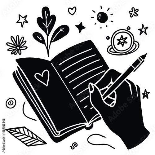 A hand skillfully writes in a stylish journal adorned with colorful mood icons against a minimalist backdrop 