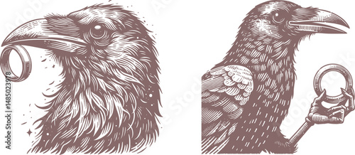 Intricate Crow Woodcut Design Holding Shiny Ring in Beak – Unique Handcrafted Engraving Artwork for Nature Lovers and Mythical Symbolism Decor