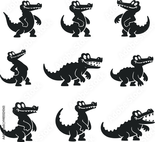 A black and white vector set of crocodiles in playful and fierce poses