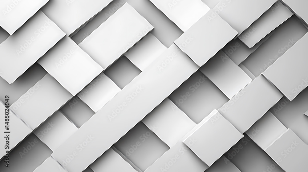 Abstract white geometric background featuring overlapping rectangles creating a modern minimalist design with shadows and light