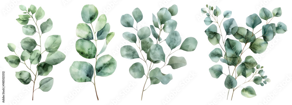 Obraz premium PNG Watercolor eucalyptus leaves illustration, element set on transparent background