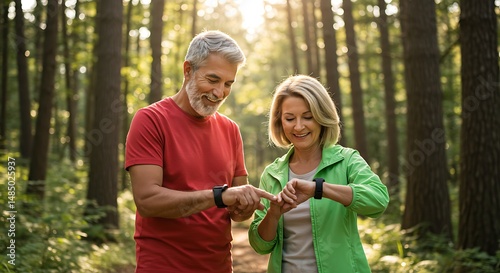 Golden Hour Hike: Active Seniors Checking Fitness Trackers