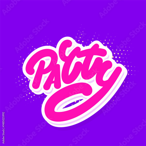 Party text banner in bold purple color.