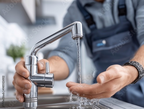 cropped shot of plumber pouring water from faucet in kitchen