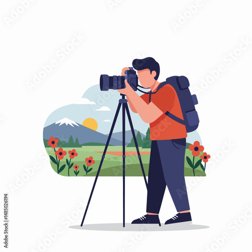 Captured Moment: A digital illustration depicting a passionate photographer immersed in his craft, camera mounted on a tripod, expertly capturing the serene beauty of a scenic landscape.