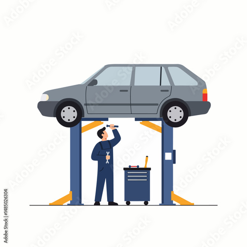 Mechanic's Precision: A skilled mechanic, garbed in work attire, meticulously inspects a vehicle elevated on a hydraulic lift, highlighting the precision and expertise required for automotive care.