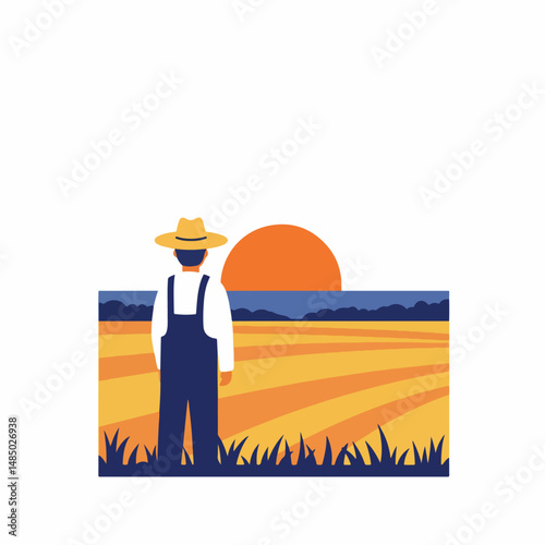Farmer's Contemplation: A farmer stands in silhouette, gazing upon his cultivated fields at dawn or dusk, the warm colors of the sunrise/sunset. It's a tranquil scene.