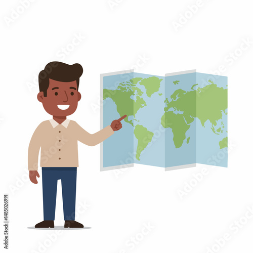 World Exploration and Guidance: An illustrated man thoughtfully points to a world map, offering a sense of travel, direction, and geographical understanding.