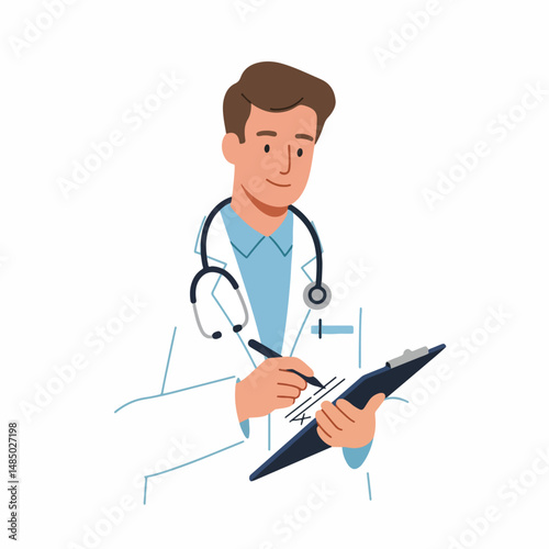 Healthcare Professional at Work: A compassionate medical professional, in a pristine white coat and stethoscope, diligently documents patient information, embodying trust.
