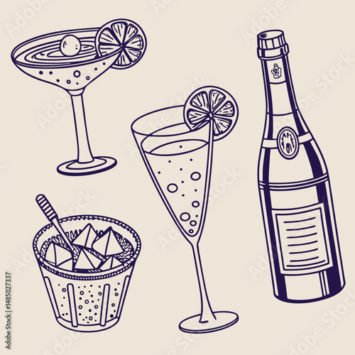 Elegant Line Art Illustration of Cocktails Champagne and Ice