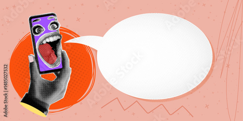 Trendy halftone collage with hand holding phone with screaming mouth on display and speech bubble. Social media poster with space for your text. Advertising banner for sale, promotion and marketing