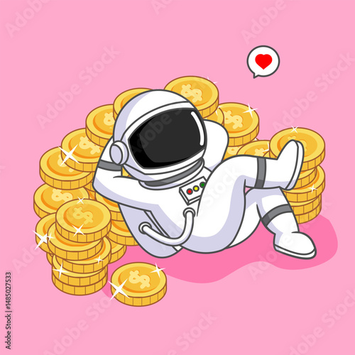Rich Astronaut Relaxing on a Pile of Gold Coins Vector Illustration Cartoon Design