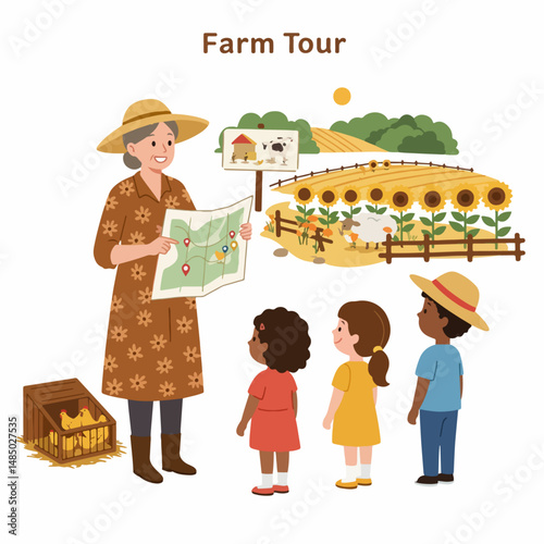 Farm Tour Illustration:  A smiling elderly woman in a straw hat guides three children on a farm tour,  with a map in hand. The illustration depicts a pastoral scene with a farmhouse, a goat.
