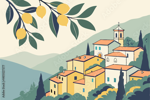 Italian Hilltop Village with Lemon Tree Branch Scenic Illustration