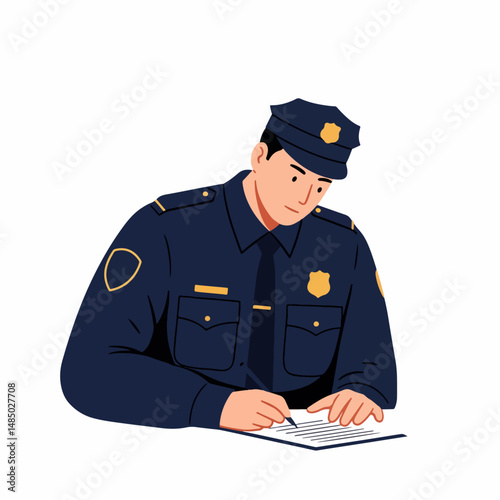Law Enforcement Officer at Work: A determined police officer in uniform meticulously fills out paperwork, embodying dedication and commitment to their duties.