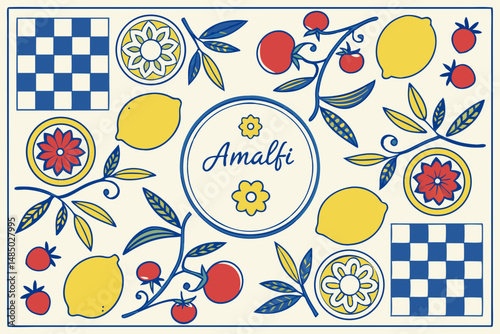 Amalfi Coast Inspired Illustration with Lemons Tomatoes and Checkerboard