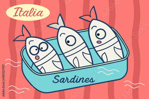 Three Cartoon Sardines in a Tin Can from Italy