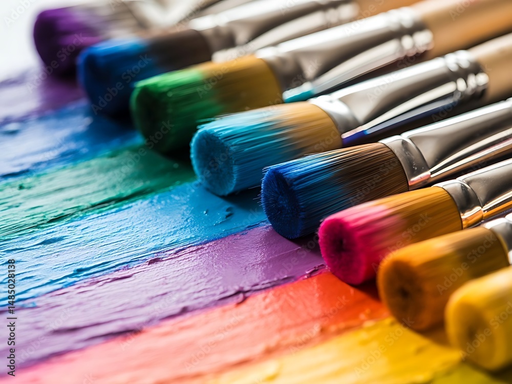 Fototapeta premium Colorful Paint Brushes on a Rainbow Palette