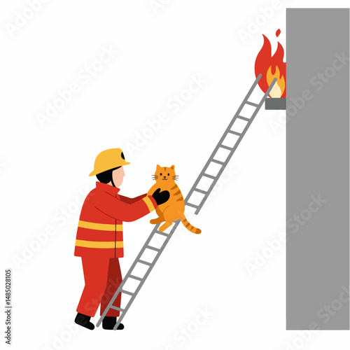 Heroic Rescue: A courageous firefighter ascends a ladder, skillfully saving a cat from a burning building, a symbol of bravery and community support.
