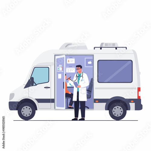 Mobile Medical Unit: A medical professional, stethoscope in hand, stands ready beside a mobile medical unit. The image conveys care and accessibility.