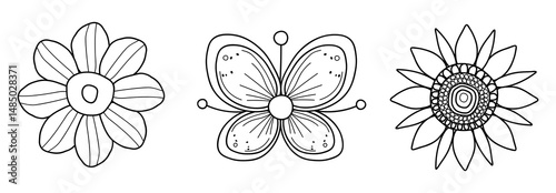Set of three flowers isolated on  white background. Head of flower, flowering plant,  part of  flower,  core with petals. In black and white. Decoration for postcards, posters, business cards.