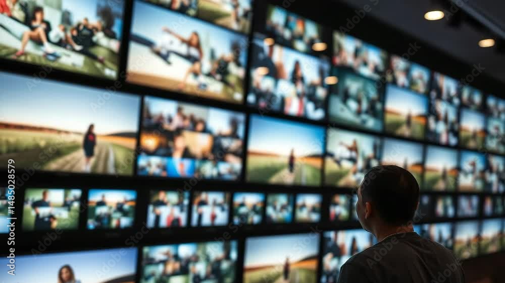 A viewer of a video wall featuring many television screens displaying multimedia pictures A viewer of a video wall featuring many television screens displaying multimedia pictures
