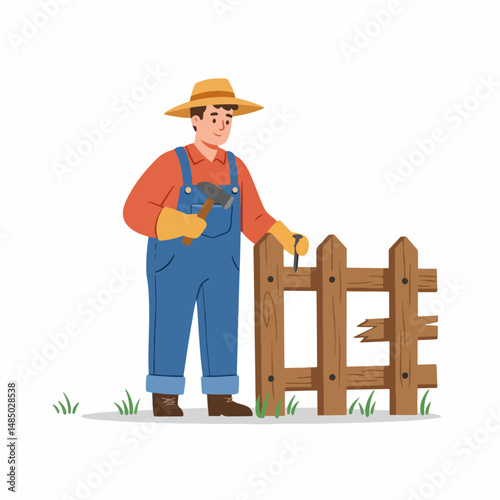 Farmer repairing the Fence: A determined farmer, clad in a straw hat and overalls, focuses on mending a broken wooden fence with skilled precision.