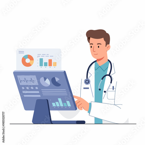 Health Analysis: A dedicated doctor, adorned with a stethoscope, attentively analyzes complex medical data displayed on a large monitor. The scene is designed to convey trust and a modern approach.