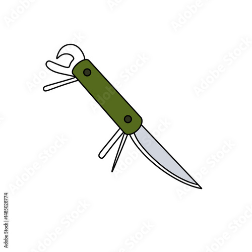 A green multi-tool knife with a silver blade