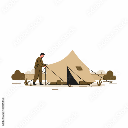 Camping Adventure: Illustration of a person setting up a tent in a serene outdoor setting, captured with clean lines and flat colors.