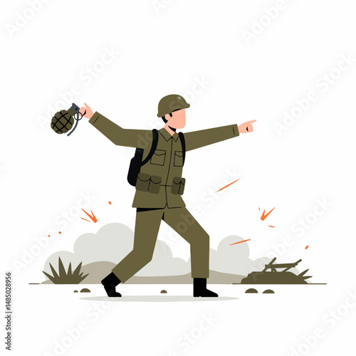 Soldier Throwing Grenade: A determined soldier, clad in combat attire, is captured mid-action as he hurls a grenade towards the enemy, set against a backdrop of war, smoke and the chaos of battle.