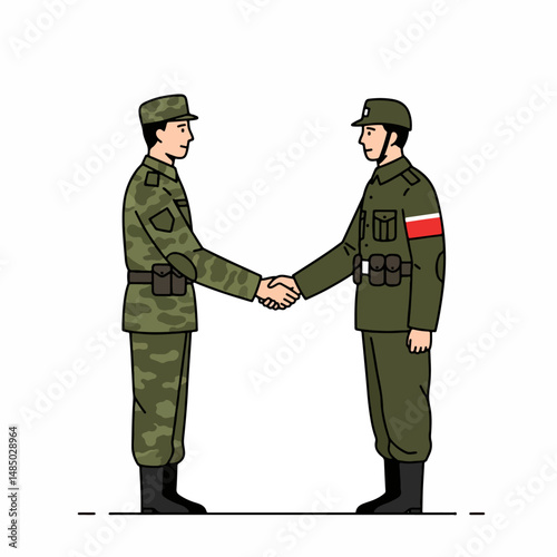 Handshake of Unity: Two uniformed figures, mirroring respect and solidarity. A poignant visual emphasizing cooperation and diplomatic solutions.