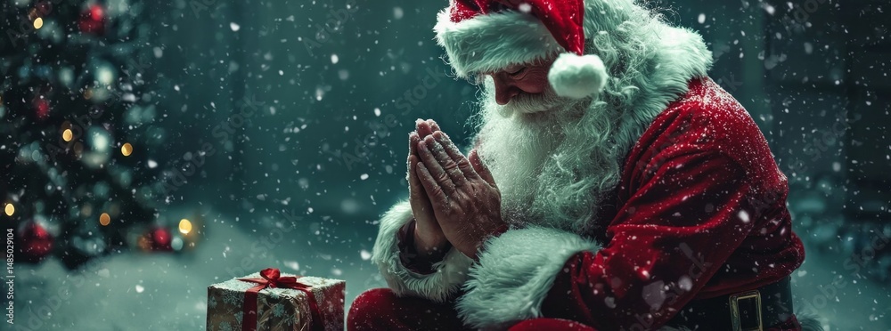 Naklejka premium Santa Claus is depicted offering a heartfelt prayer to God.