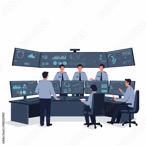 Cyber Command: A team of security personnel monitoring screens in a command center, bathed in cool blue tones, signifying a vigilant eye on digital landscapes, depicting technological prowess.