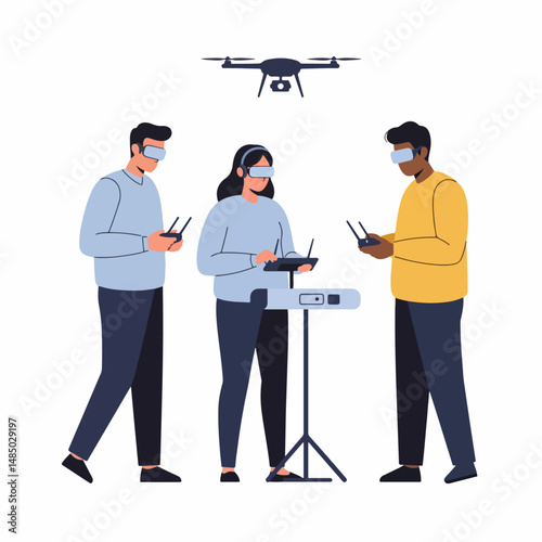 Drone Operation Training: A diverse team uses VR headsets to learn drone operation. The image depicts a modern training session, highlighting technology and teamwork.