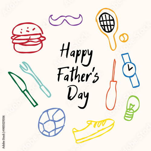 Colorful doodle celebrating father s day with tools, sports, and food