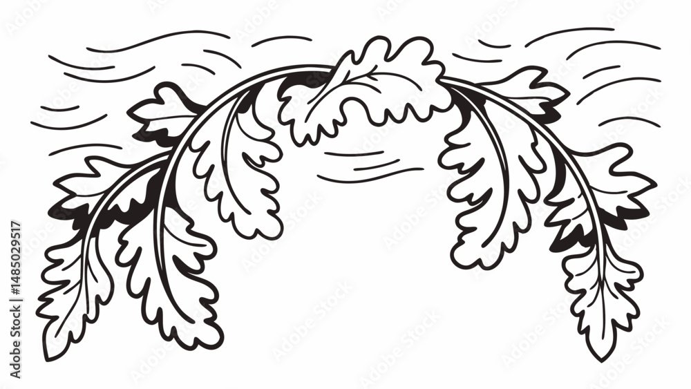Illustration of a curved branch with leaves and wavy lines in black and white design element created with generated ai